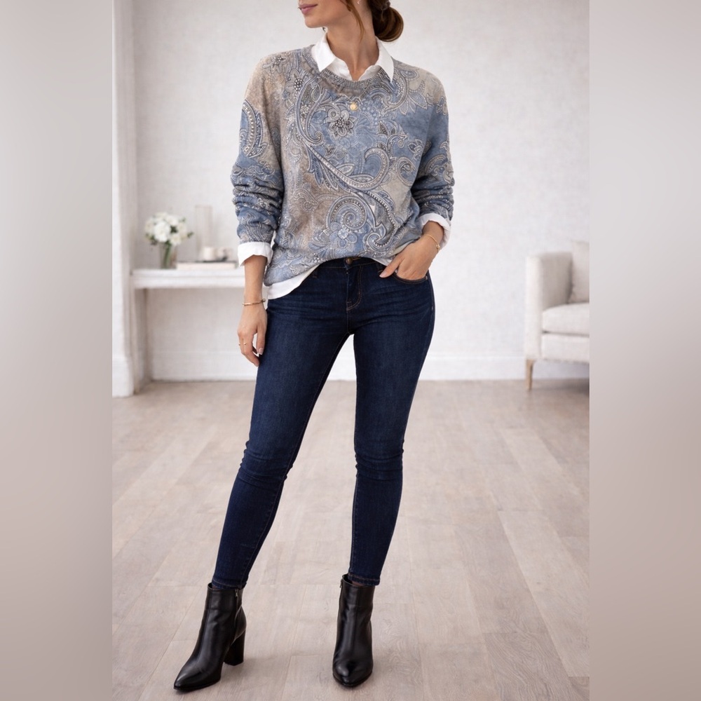 Blue Gray Paisley Statement Sweater Crewneck Allover Print - Picture 3 of 16